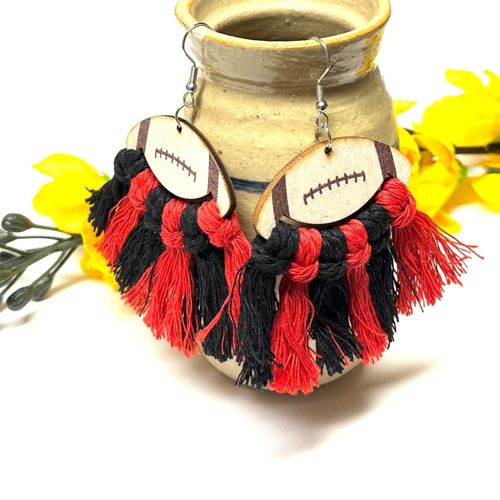 Earrings, Football, wooden w/ red and black attached fringe, NIP, litewt,
